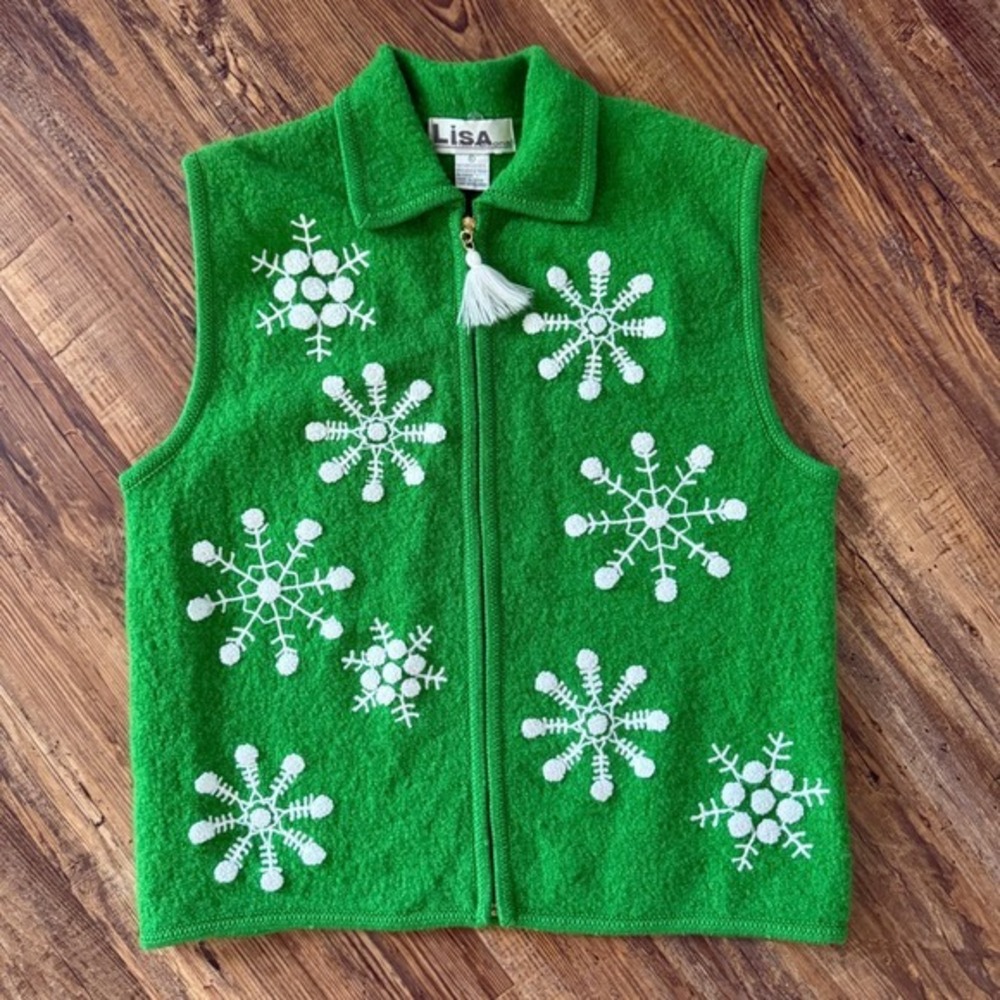 VINTAGE Lisa International Boiled Wool Sweater Vest‎ XL Snowflake Holiday Y2K